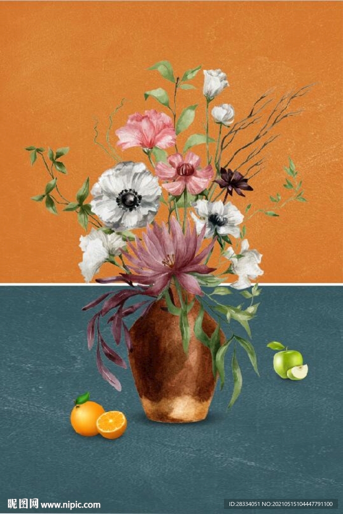 北欧风抽象花瓶水果油画装饰画