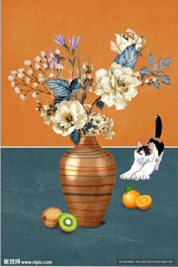 北欧风抽象花瓶水果油画装饰画