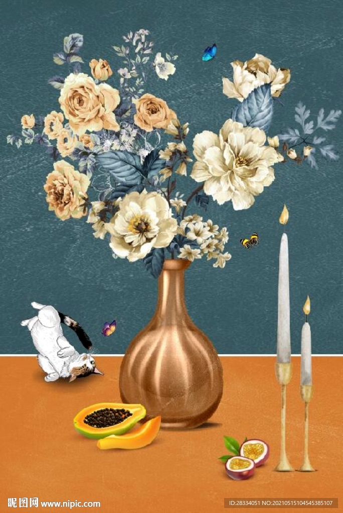 北欧风抽象花瓶水果油画装饰画