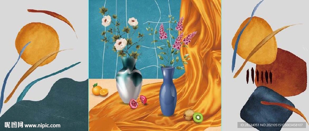 北欧风抽象花瓶水果油画装饰画