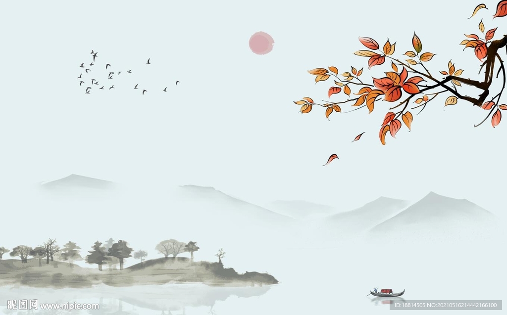 旭日东升新中式花鸟山水电视背景