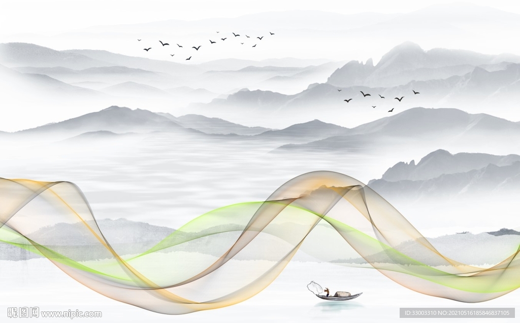 新中式飘带山水背景墙