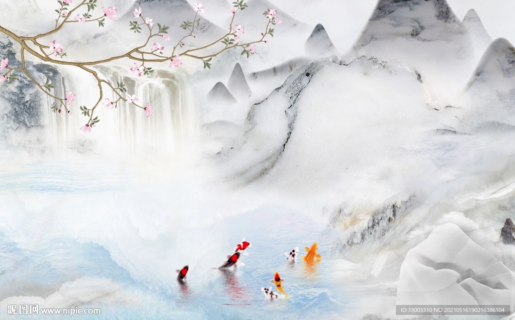 新中式锦鲤山水背景墙