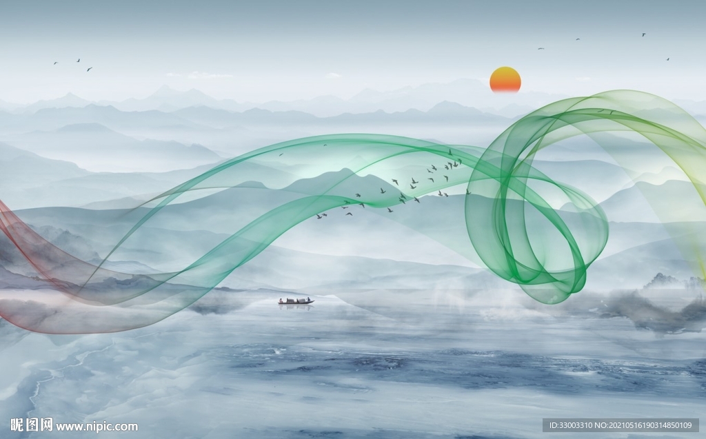 新中式抽象飘带山水背景墙