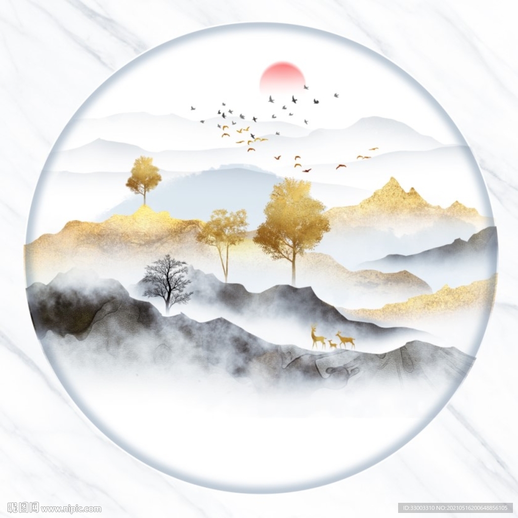 新中式圆形山水背景墙