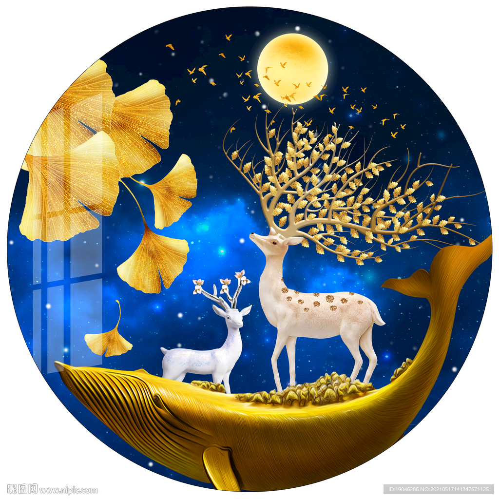 金色银杏叶麋鹿圆形装饰画