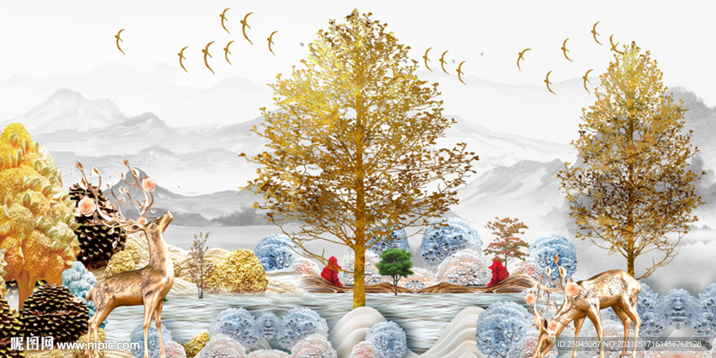 立体麋鹿发财树装饰画