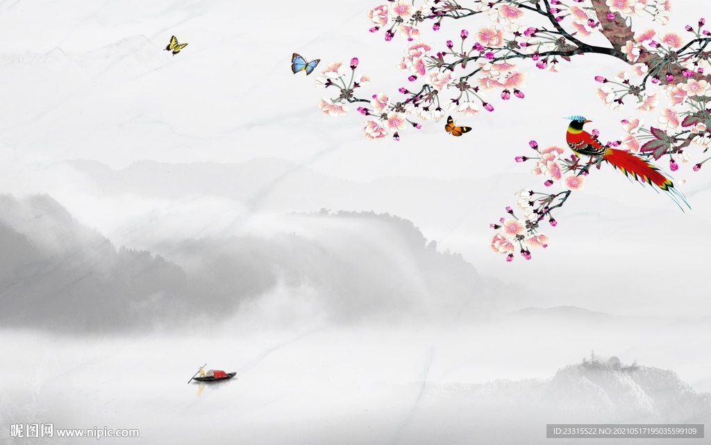 桃花新中式山水电视背景墙