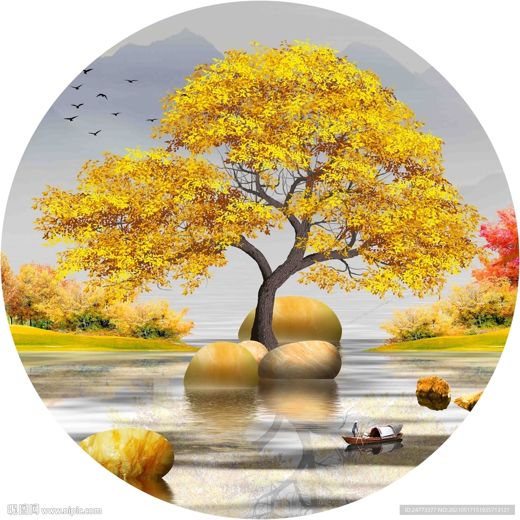 圆形发财树晶瓷画