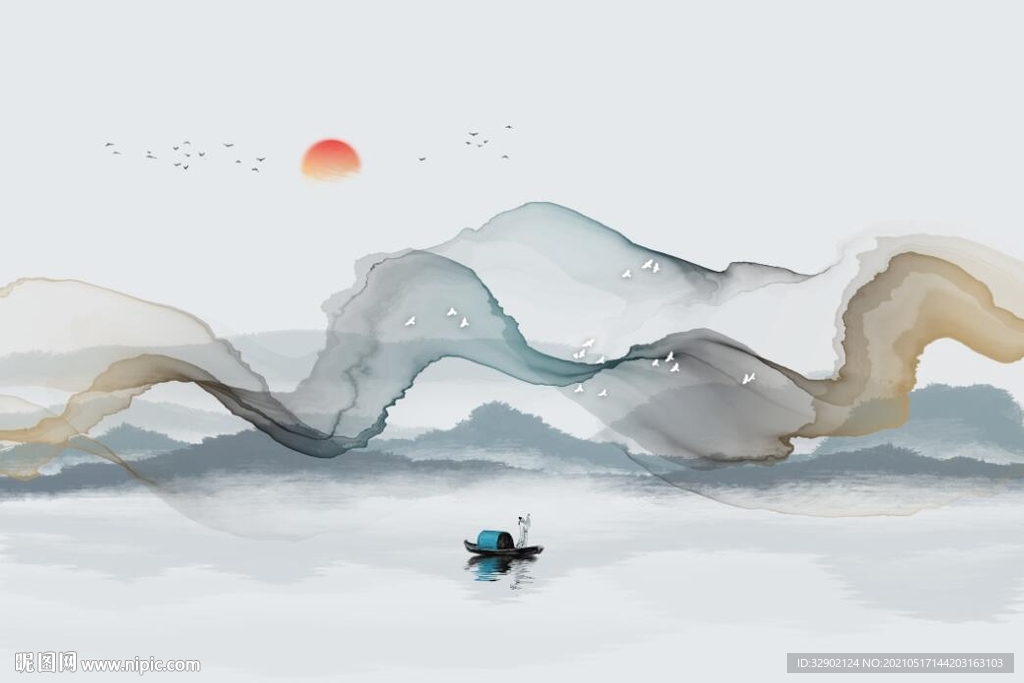 新中式水墨山水抽象烟雾背景墙