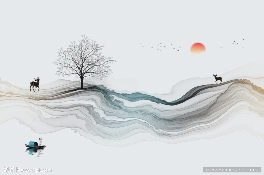 新中式水墨山水抽象烟雾背景墙