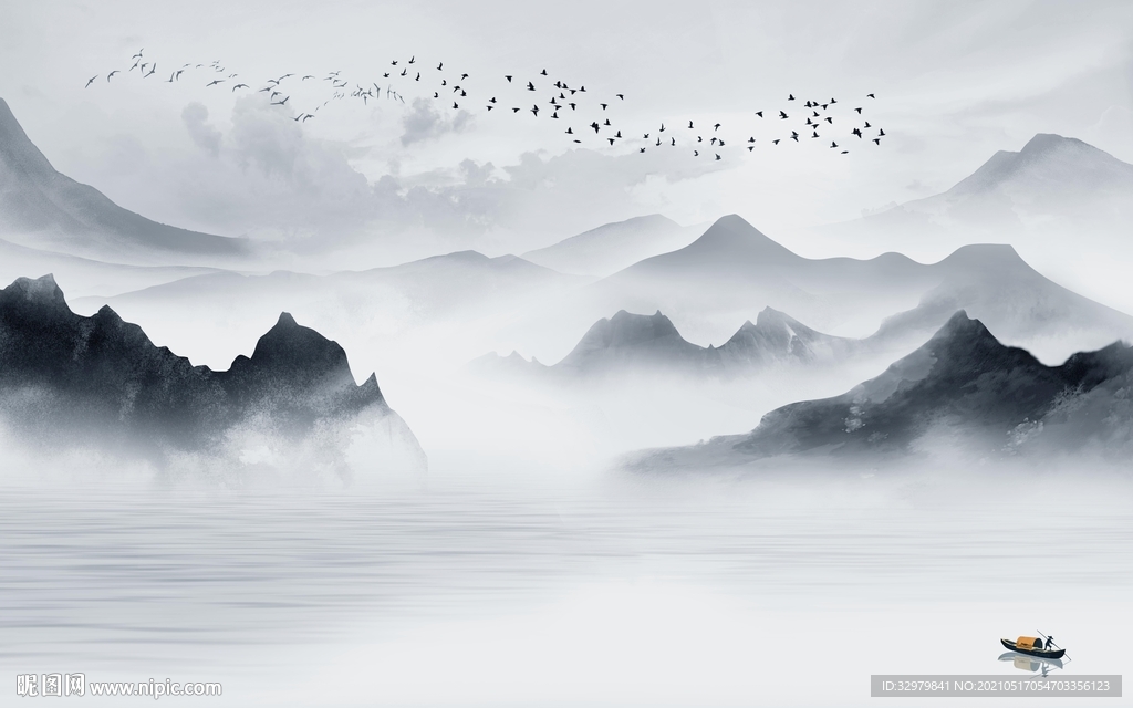 最新意境中式山水 文件分层 