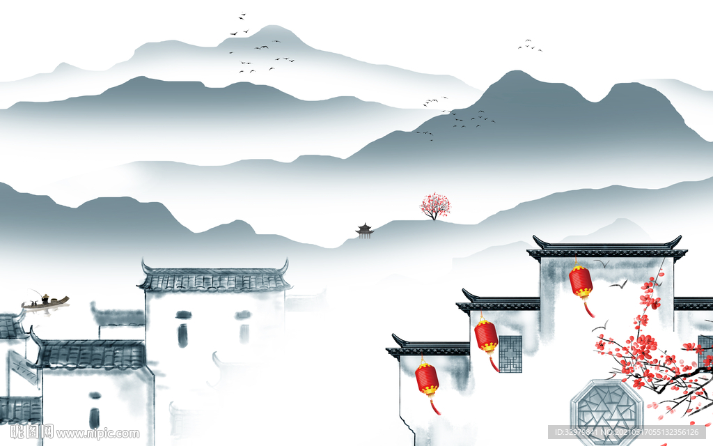 徽派意境中式山水 文件分层 