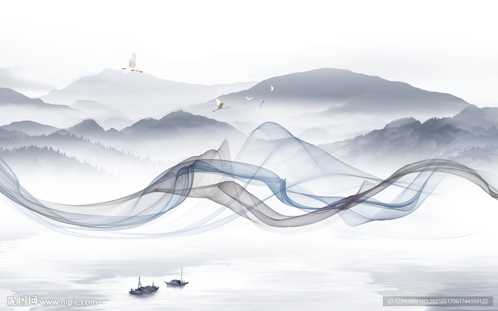 线条中式新山水画 文件分层画