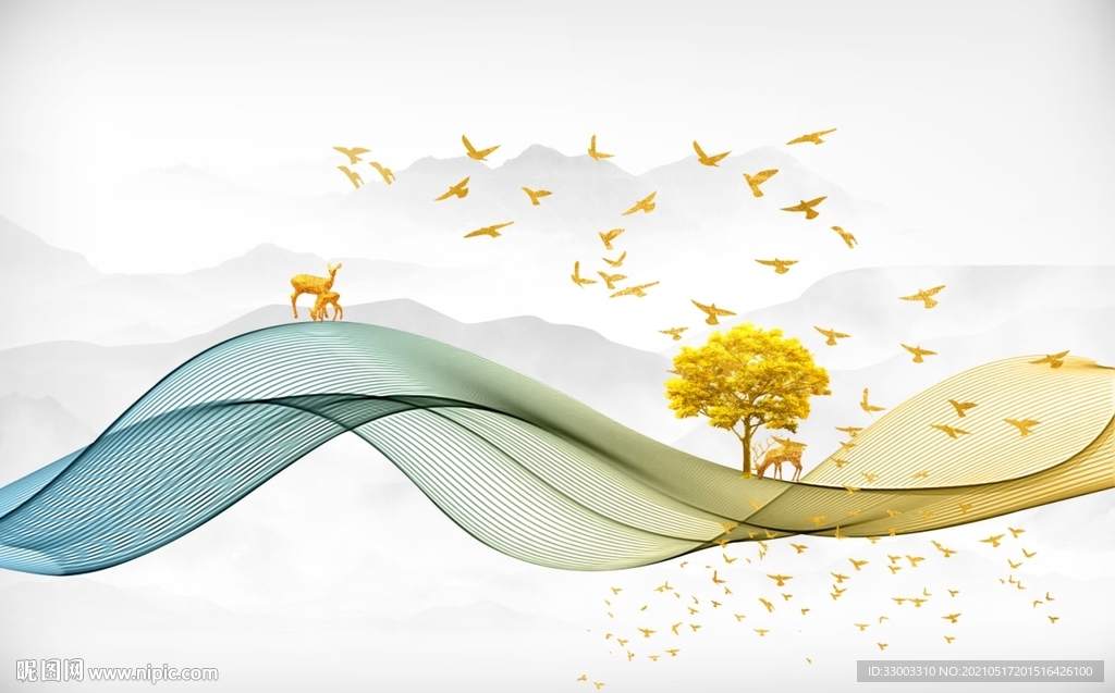 飘带曲线新中式山水背景墙