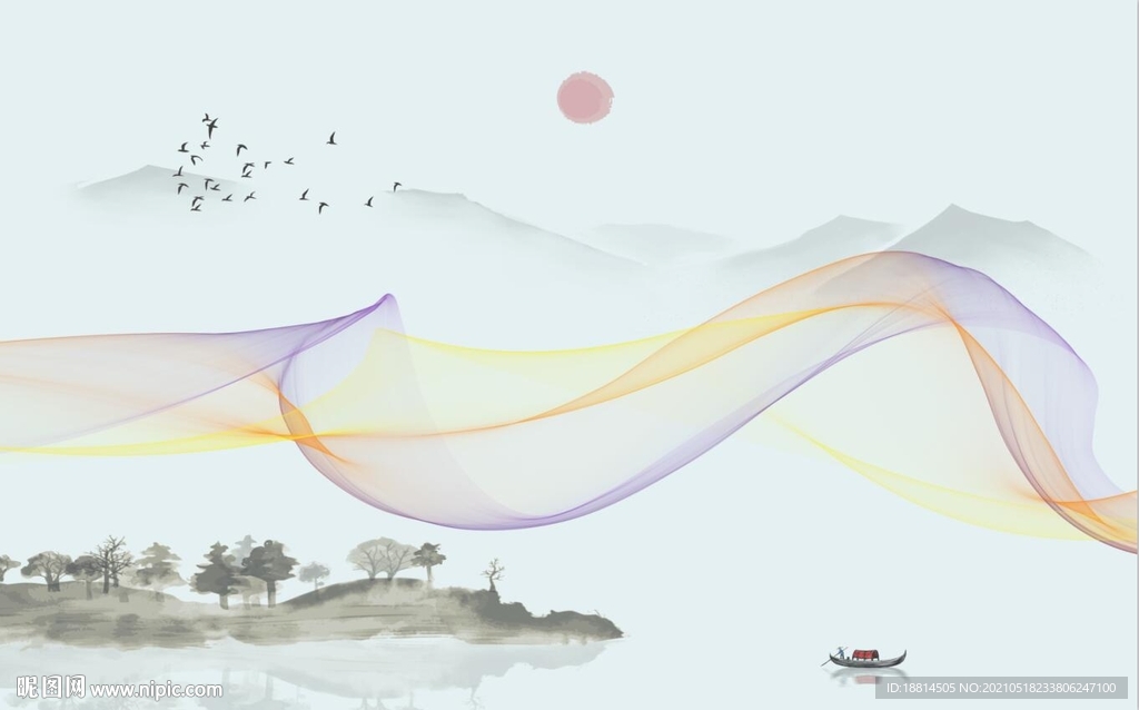 江南山水旭日东升新中式背景墙