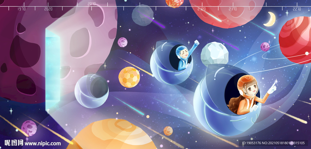 宇宙穿越时光星球卡通儿童绘画