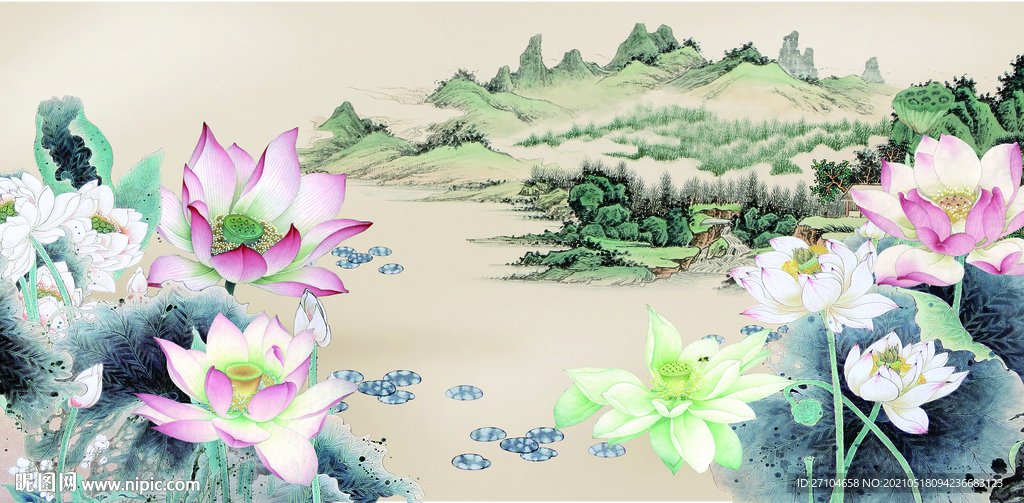 中式风荷花山水画背景墙