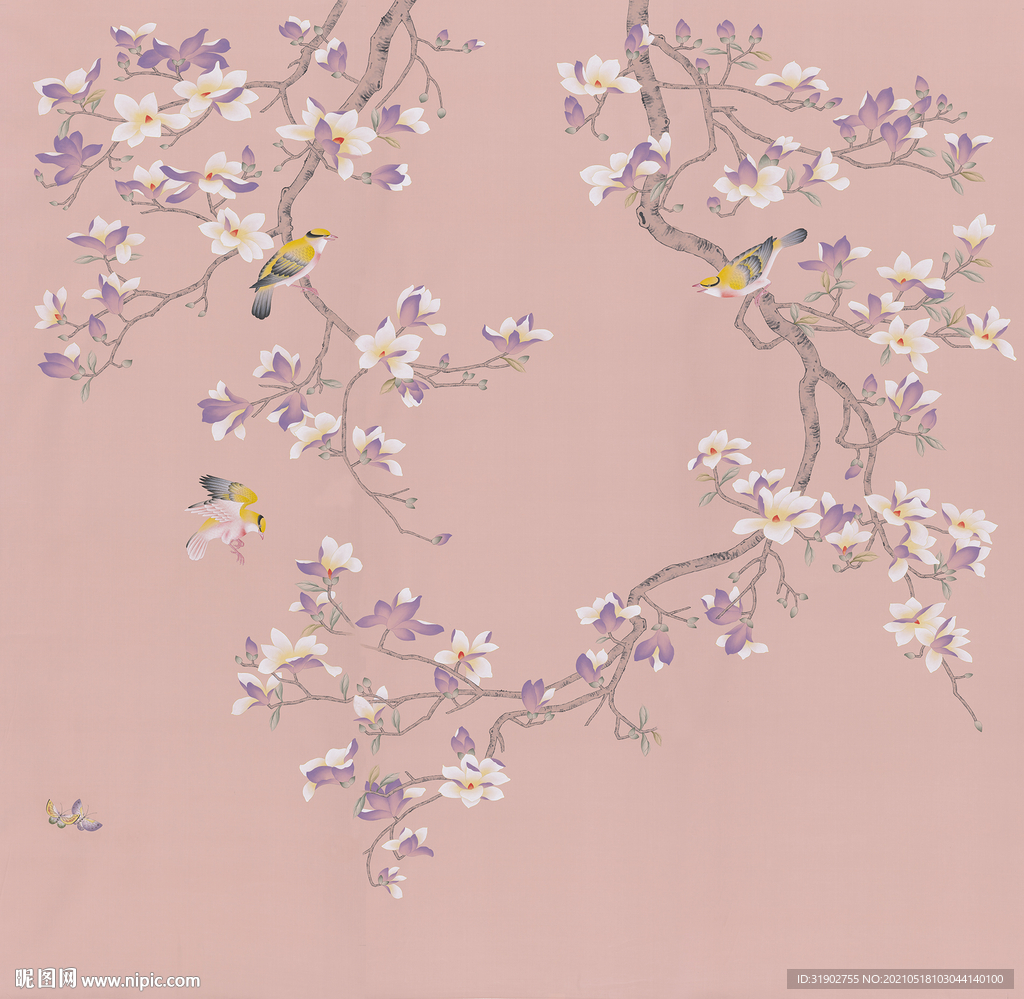 纯手绘高清玉兰花鸟背景墙