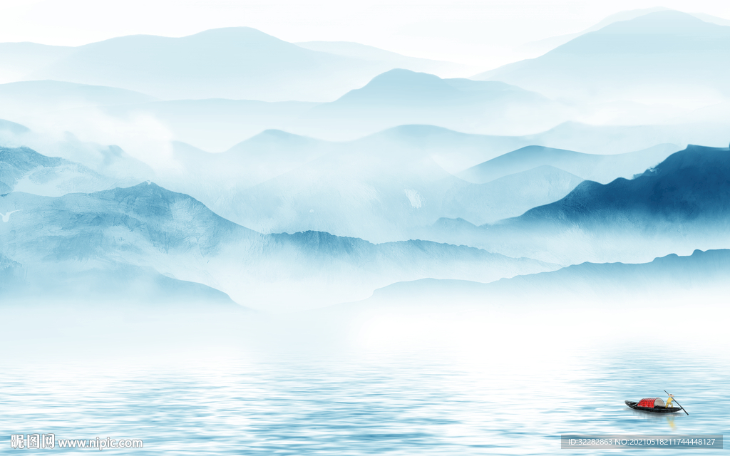 蓝色中式风格山水 文件分层 