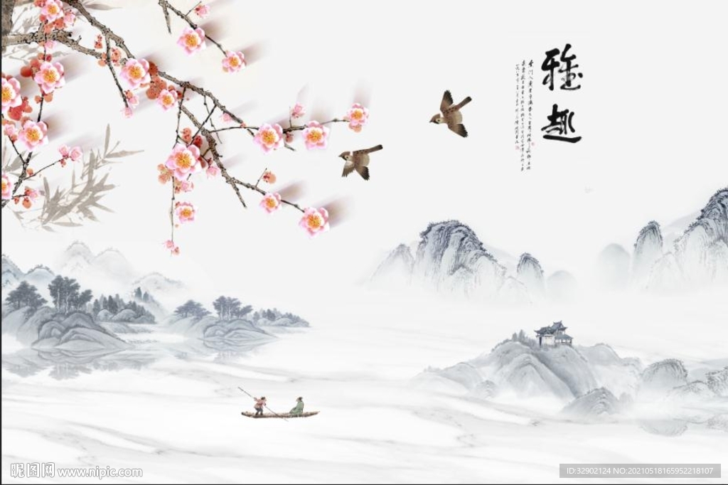 新中式工笔花卉雅趣山水背景墙