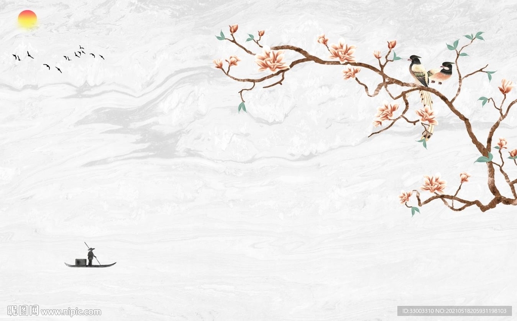 爵士白花鸟新中式山水背景墙