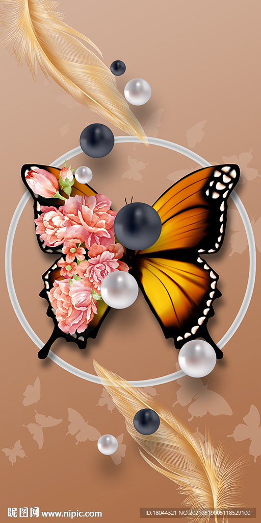 蝴蝶花朵立体球玄关装饰画