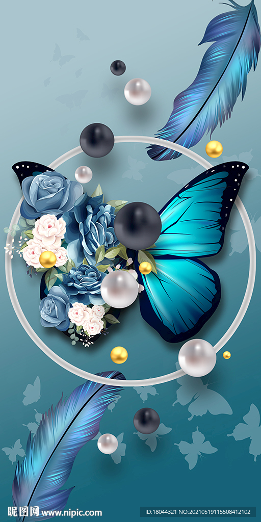 蓝色蝴蝶花朵立体球玄关装饰画