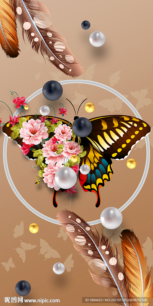 轻奢繁华蝴蝶立体球玄关装饰画