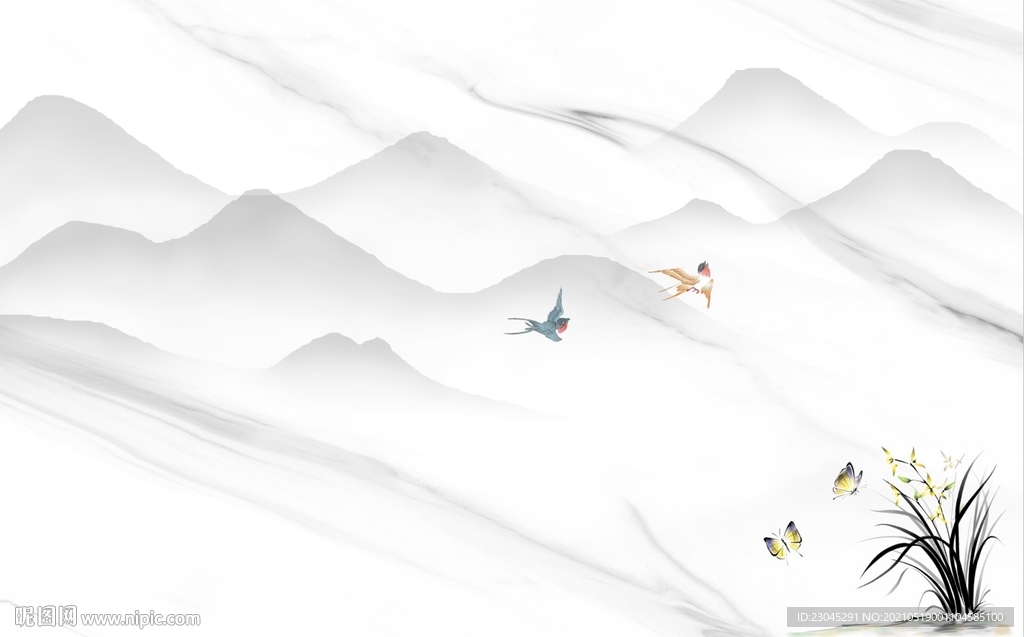 兰花新中式水墨山水爵士白背景墙