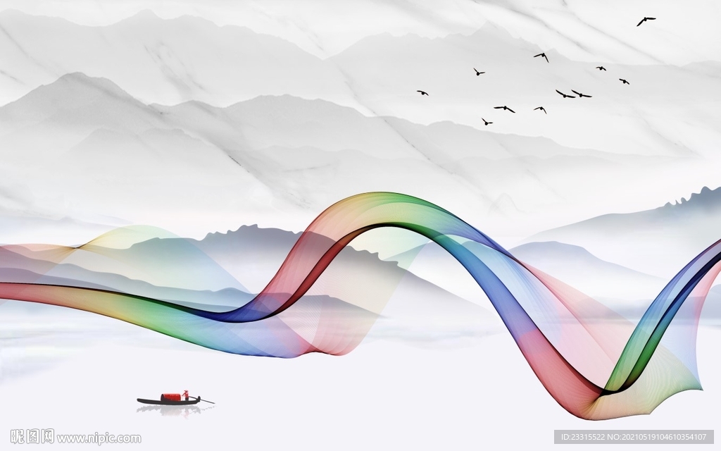 曲线山水爵士白新中式背景墙