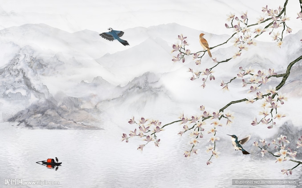 鸟语花香爵士白新中式背景墙