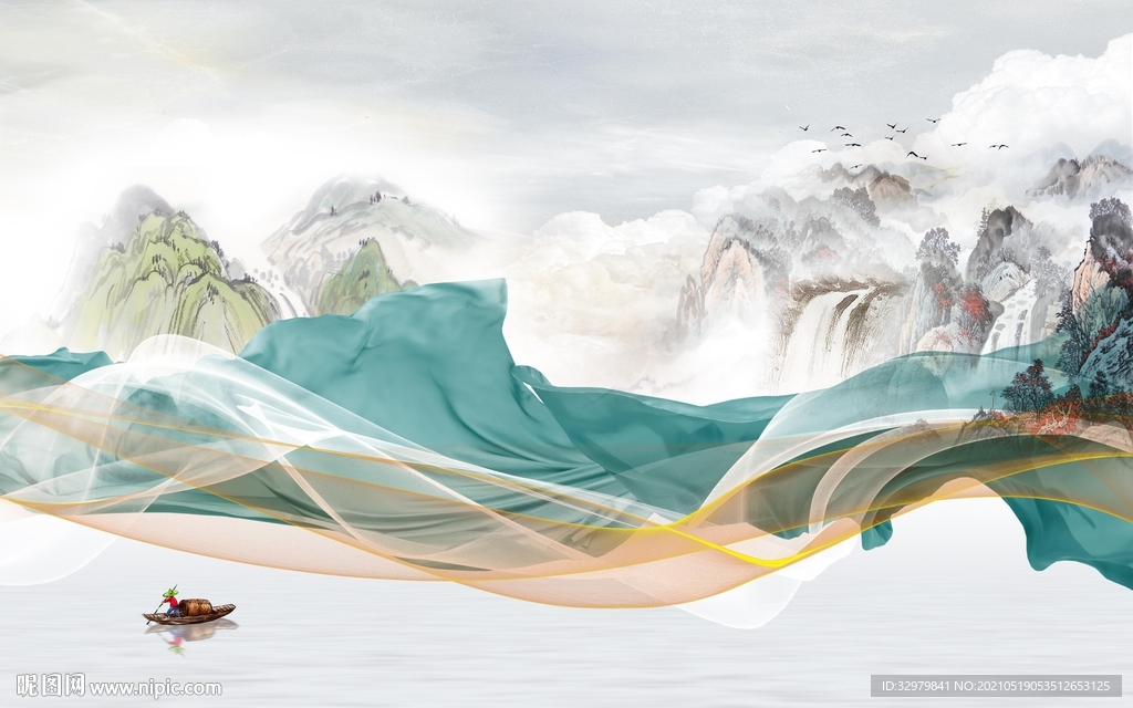 新款现代中式山水 文件分层 