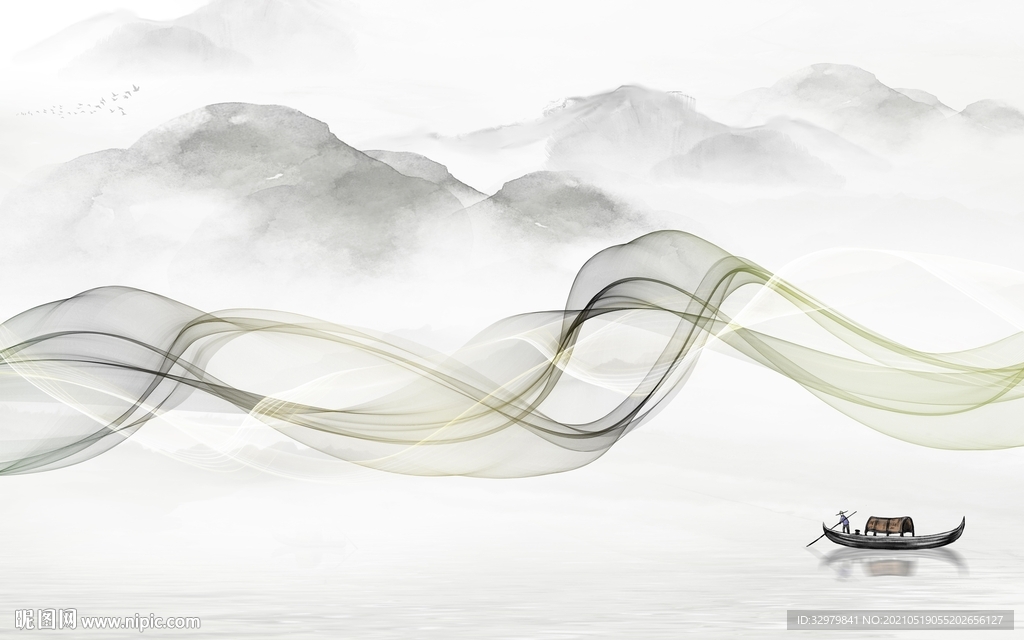 线条现代中式山水 文件分层 