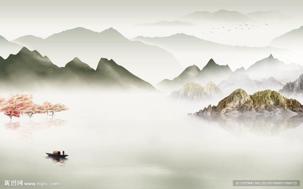 高清 现代中式山水 文件分层 