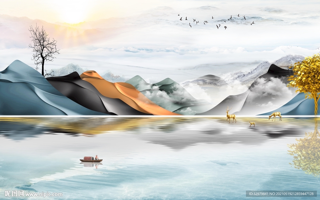 现代 客厅山水新画 文件分层 