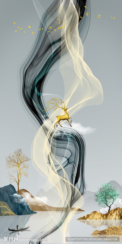 新中式线条山水画