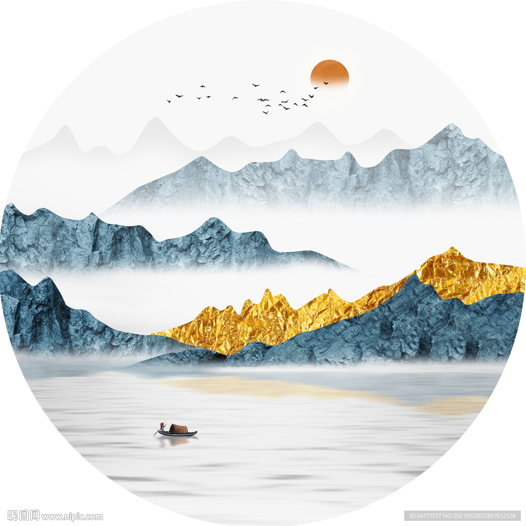 新中式圆形山水装饰画