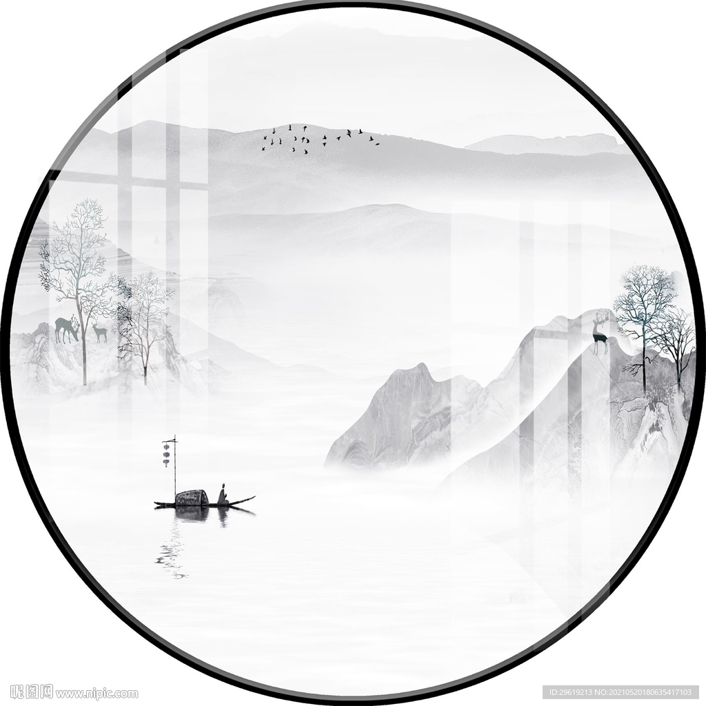 新中式轻奢山水圆形装饰画图