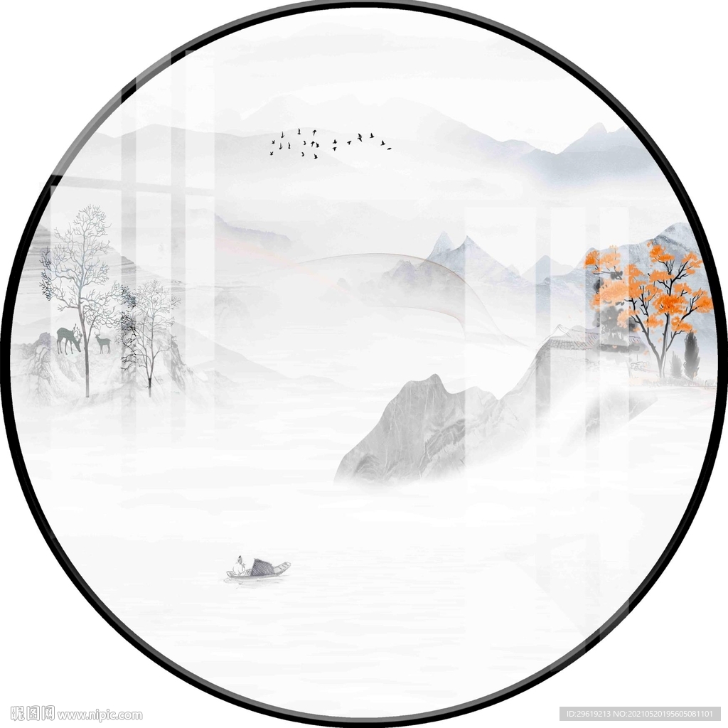 新中式轻奢山水圆形装饰画