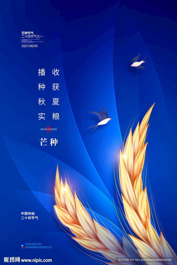 蓝色简约二十四节气芒种宣传海报