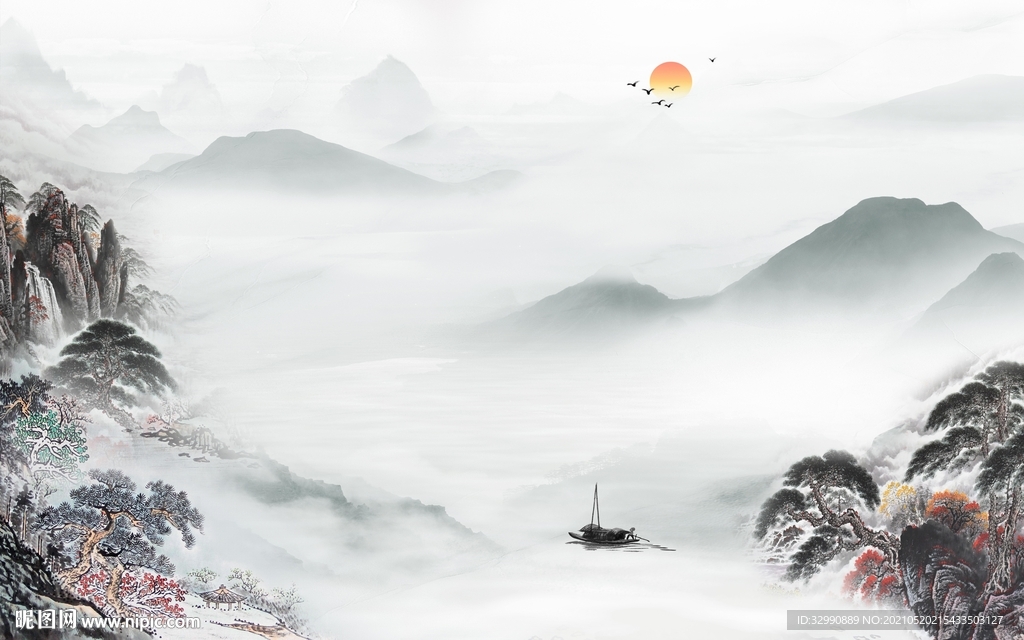 中国风高档山水墙画 文件分层画