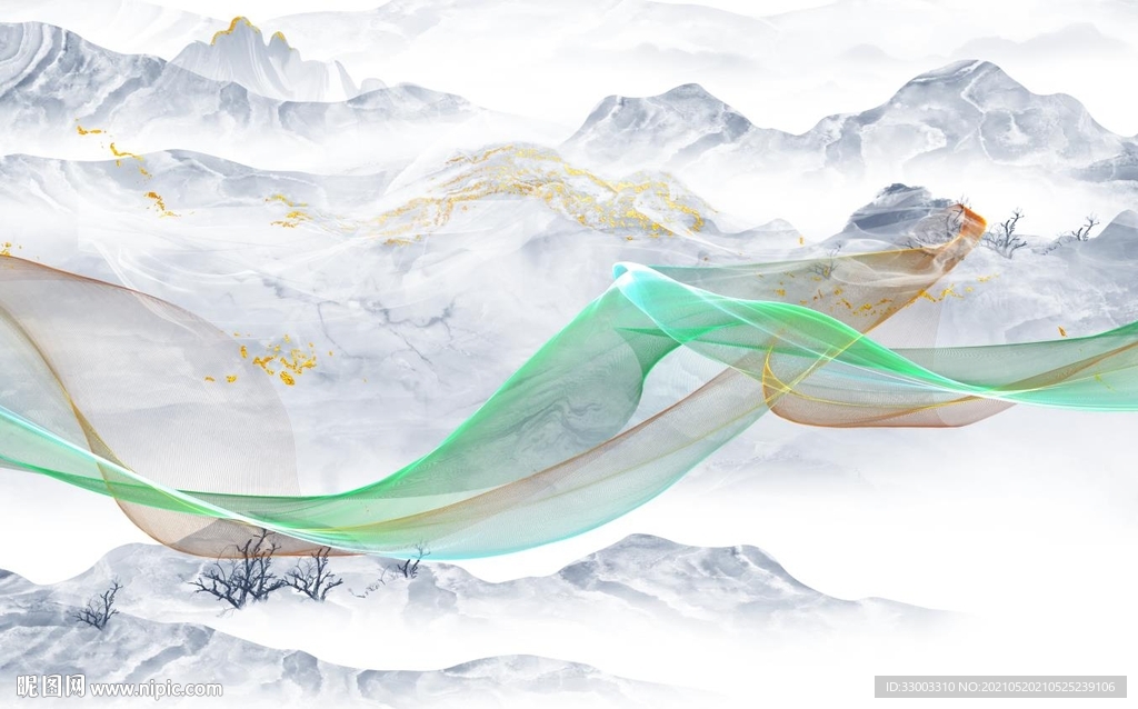 抽象飘带新中式山水背景墙