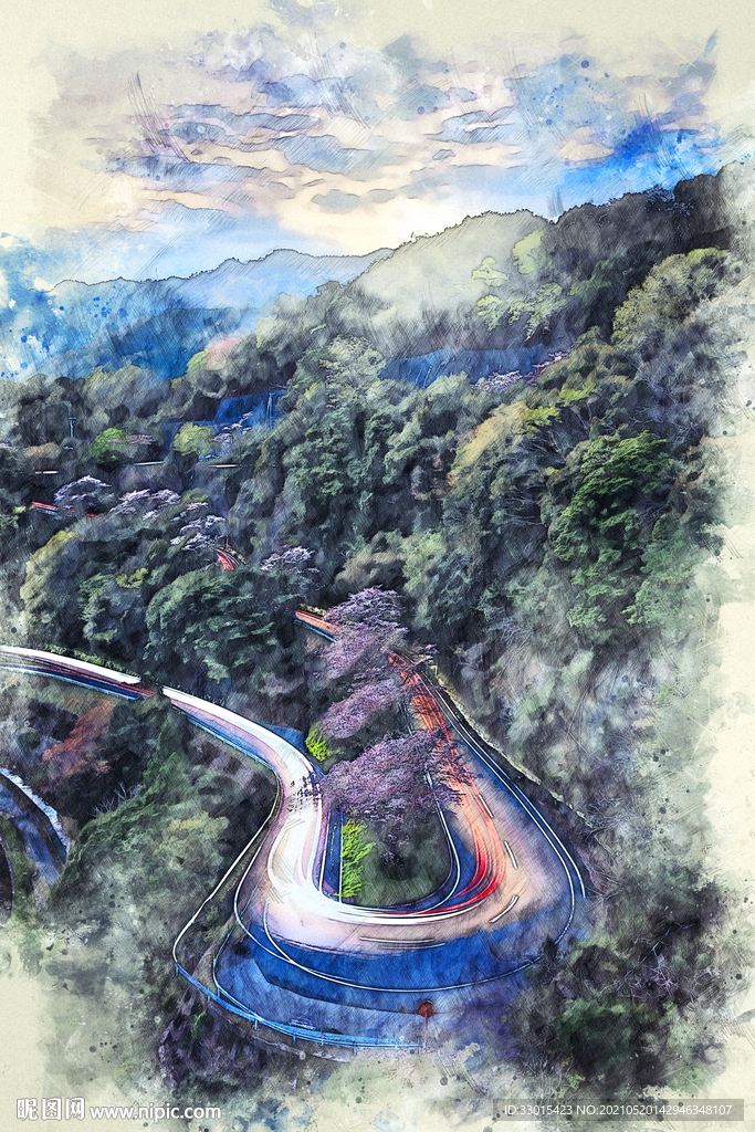 手绘蜿蜒山路森林俯视风景海报