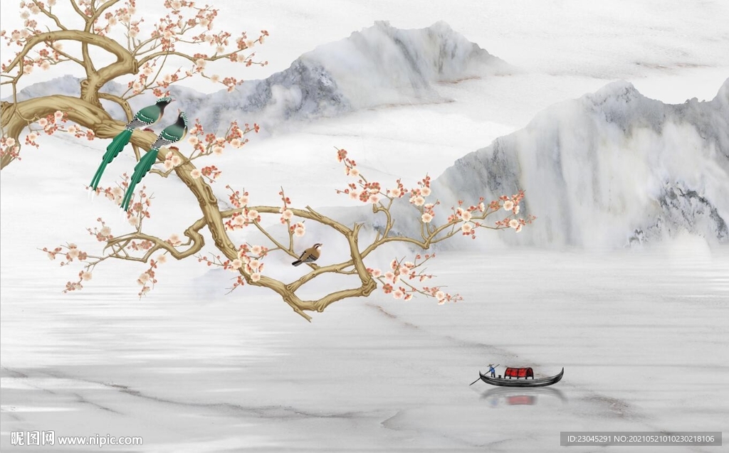 鸟语花香爵士白山水背景墙