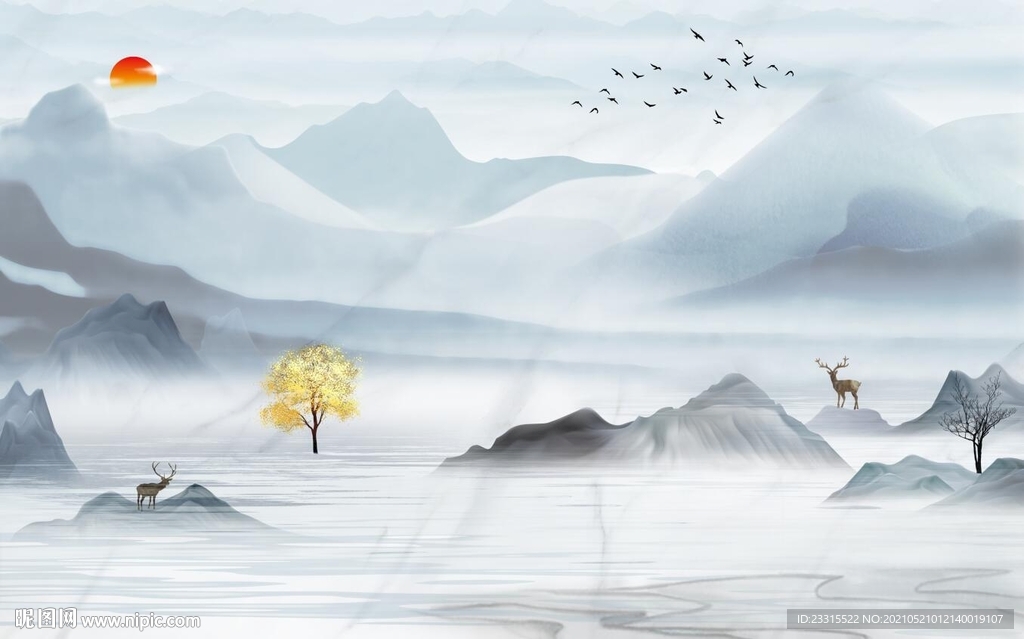 旭日东升新中式山水电视背景墙