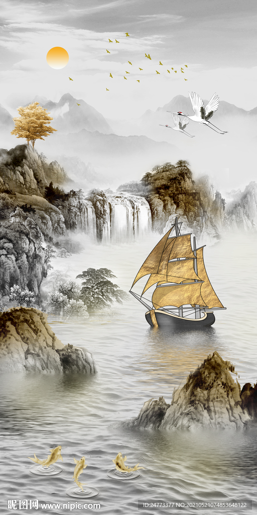 新中式一帆风顺山水玄关画