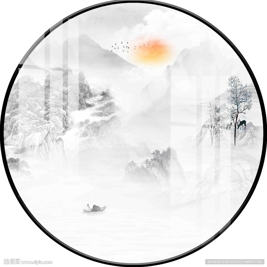 新中式轻奢山水圆形装饰画