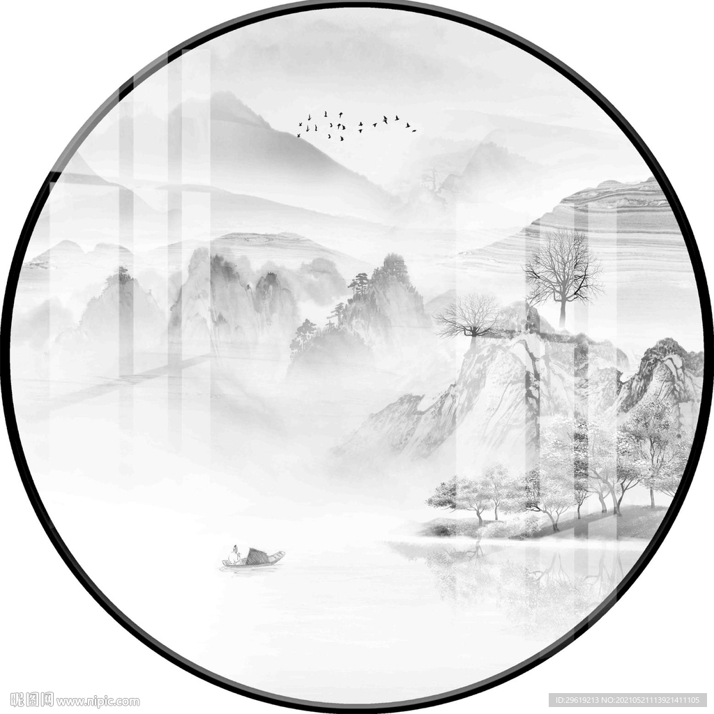 新中式轻奢山水圆形装饰画