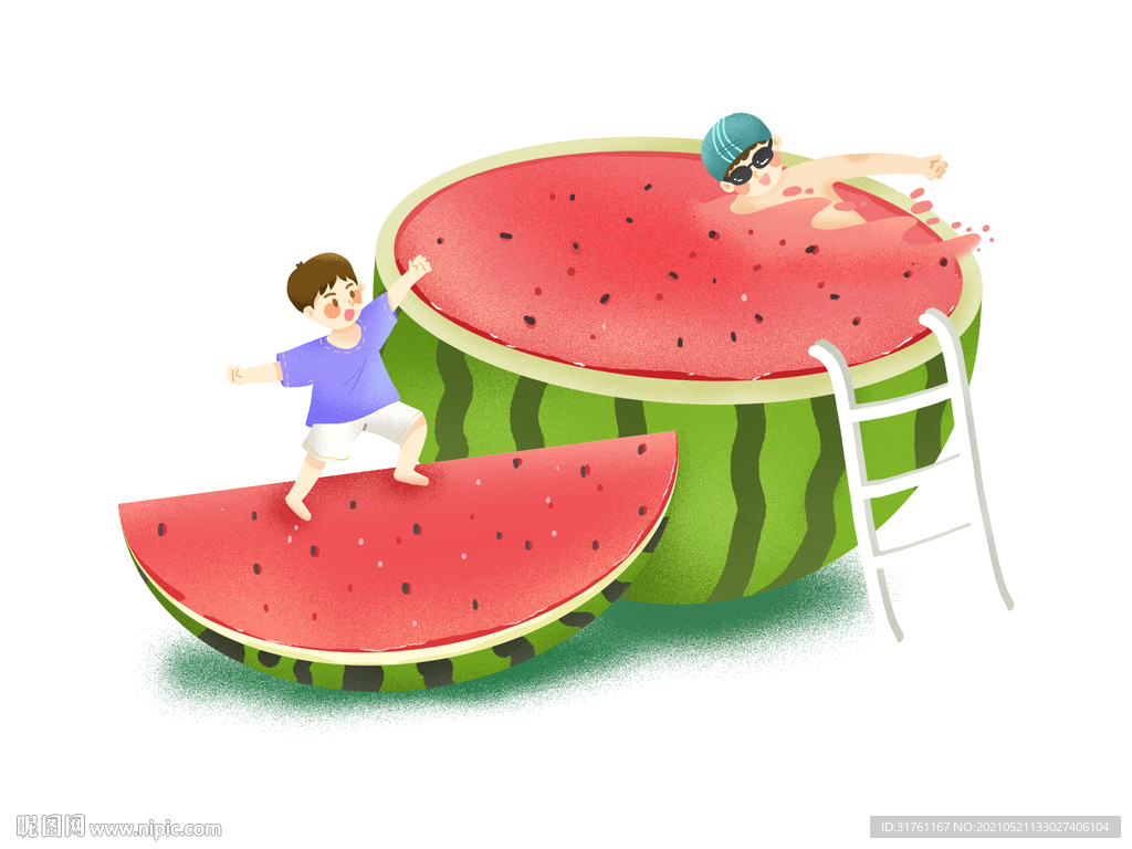 彩色手绘卡通西瓜人物水果夏天